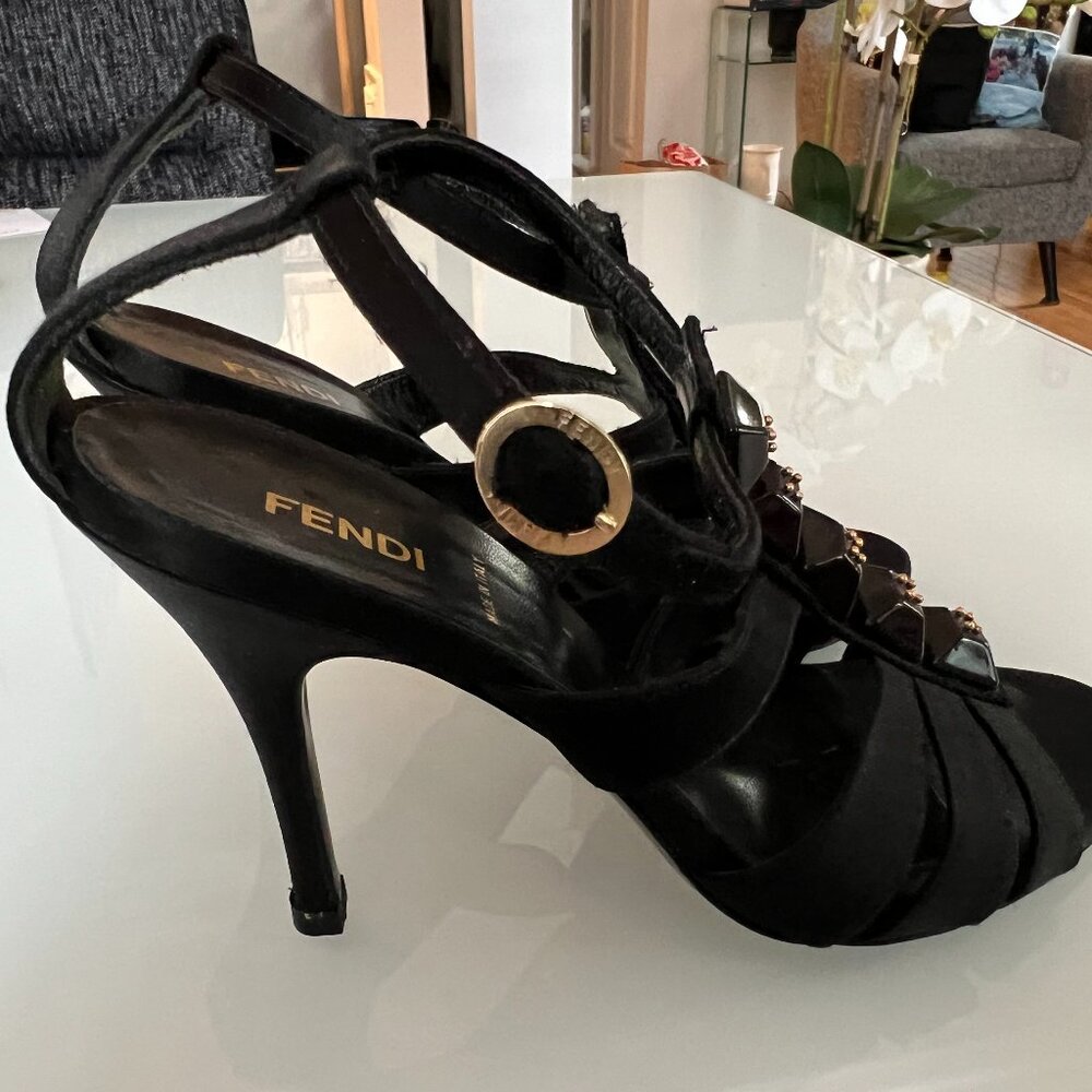 Fendi Women's Satin Strap Sandal/Studded/Black/37.5/4" Heels